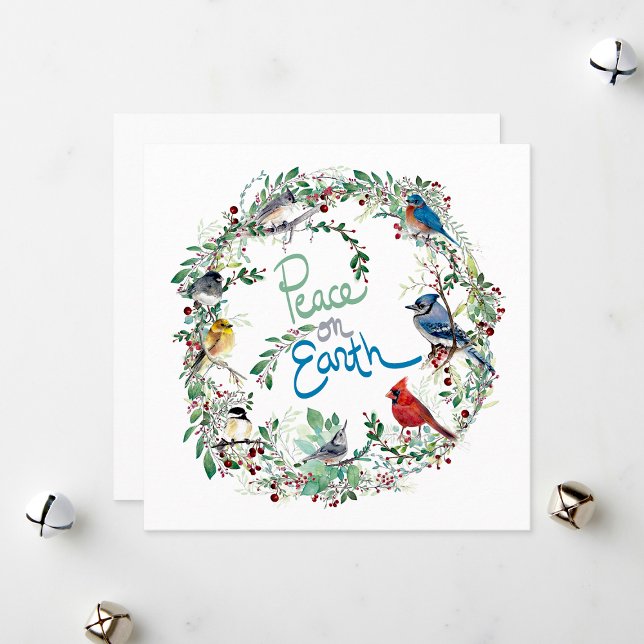 Festiva Tarjeta De Festividad De La Paz En La Tierra (Peace On Earth Bird And Wreath Holiday Card by Jenn Steffen Art)