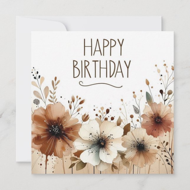 Festiva tarjeta de flores marrones de cumpleaños feliz (Anverso)