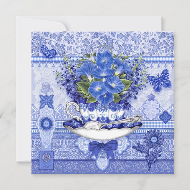 Festiva Tarjeta de Flores y Copa de Porcelana Azul (Anverso)