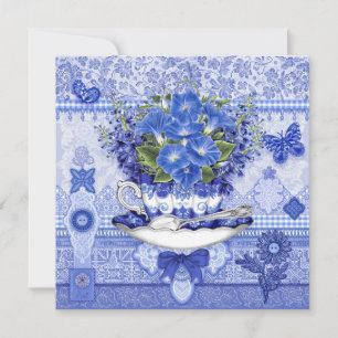 Festiva Tarjeta de Flores y Copa de Porcelana Azul