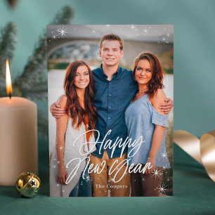 Festiva Tarjeta de Foto de Año Nuevo con Destellos Navideñ