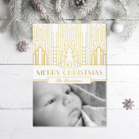 Tarjeta de foto de oro Leaf Art Deco Merry Christm