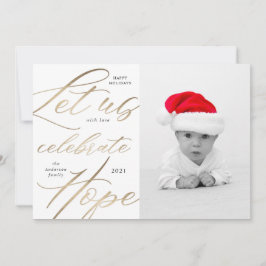 Festiva tarjeta de foto de vacaciones con guión dorado par