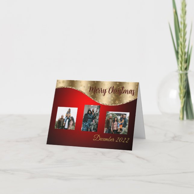 Festiva Tarjeta de foto doblada para Navidades rojos y dor (Anverso)