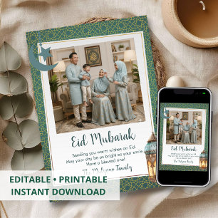 Festiva Tarjeta de Foto Familiar Eid Mubarak Patrón Verde 