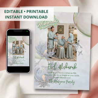 Festiva Tarjeta de Foto Familiar Soft Sage Floral Eid Muba