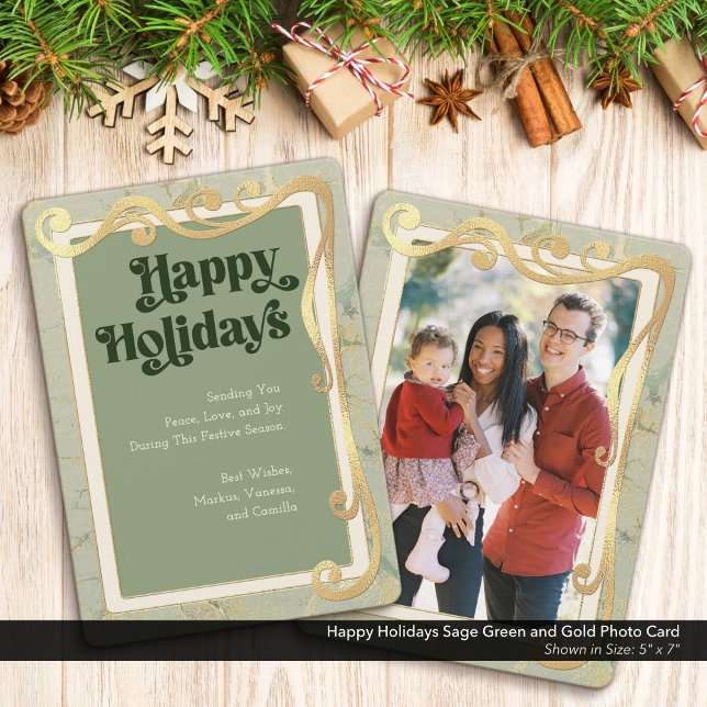 Festiva Tarjeta de Foto Felices Fiestas Verde Salvia y Dor (Happy Holidays, Sage Green and Gold Holiday Photo Greeting Card)