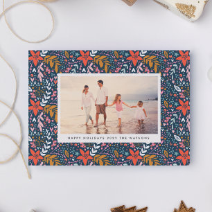 Festiva Tarjeta de Foto Navideña Bonita Floral Azul