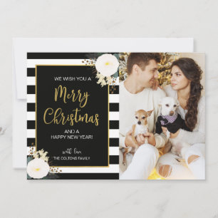 Festiva Tarjeta de foto navideña Floral Black Stripe de in