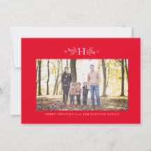 Tarjeta de foto navideña roja con monograma