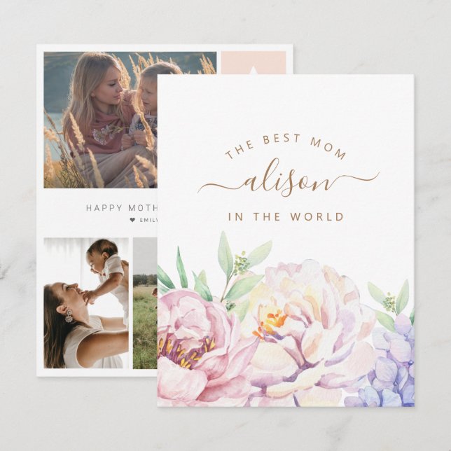 Festiva Tarjeta de foto personalizada floral para mamá (Anverso / Reverso)