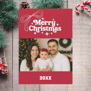 Festiva Tarjeta de foto retro de lazo rojo de Feliz Navida