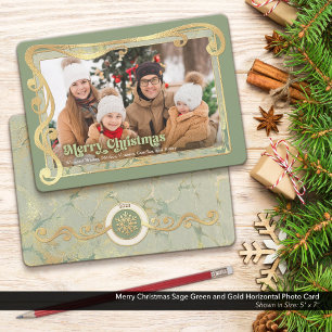 Festiva Tarjeta de fotos de color verde y oro de Feliz Nav