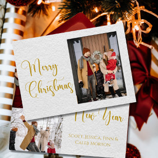 Festiva Tarjeta de fotos de la familia Gold Script Merry C
