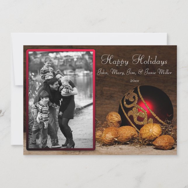 Festiva Tarjeta de fotos navideña de ornamento rojo y nuec (Anverso)