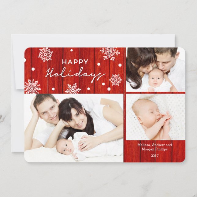 Festiva Tarjeta de fotos Rustic Red Wood Happy Holidays (Anverso)