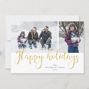 Festiva Tarjeta de fotos Tartan de Gold Script Happy Holid