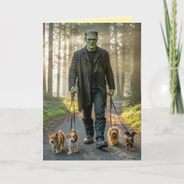 Festiva Tarjeta de Frankenstein paseando al perro