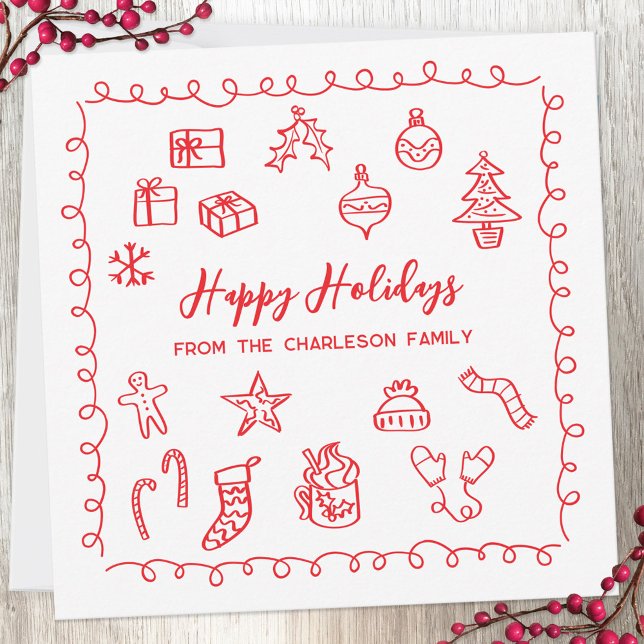 Festiva Tarjeta de garabatos navideños rojos y blancos (Fun scribble doodle personalized Christmas holiday card)