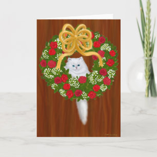 Festiva Tarjeta de gatito con corona navideña