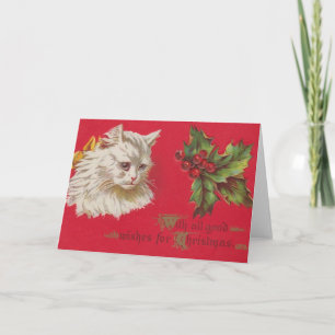 Festiva Tarjeta de gato blanco victoriano y Navidades holl
