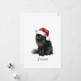 Festiva Tarjeta de gato negro con sombrero de Santa en acu