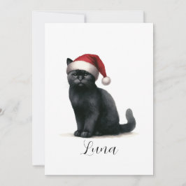 Festiva Tarjeta de gato negro con sombrero de Santa en acu