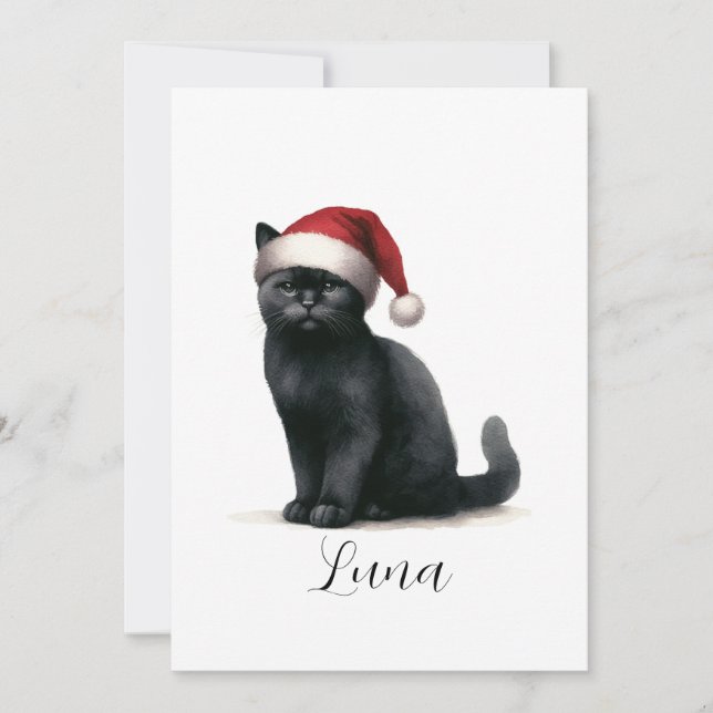 Festiva Tarjeta de gato negro con sombrero de Santa en acu (Anverso)