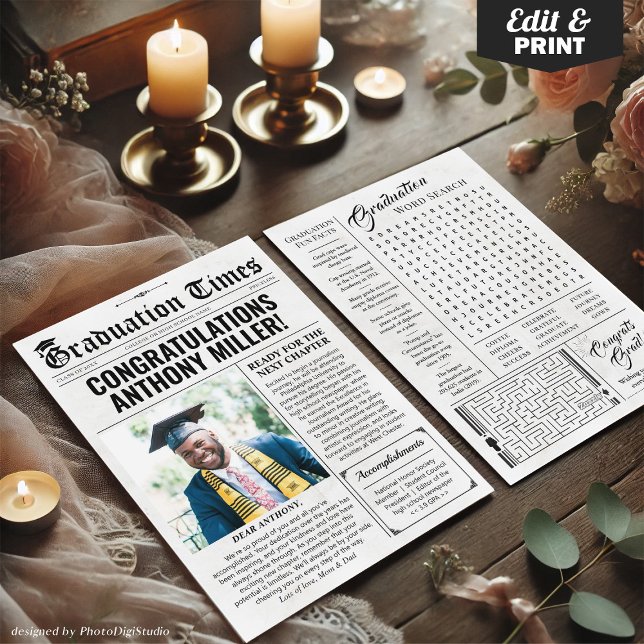 Festiva Tarjeta de graduación única de periódico personali (Custom Graduation Newspaper, Graduation Announcement Card)