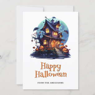 Festiva Tarjeta de Halloween con calabazas fantasma en cas