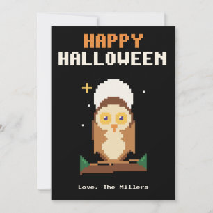 Festiva Tarjeta de Halloween de arte pixelado de búho y lu