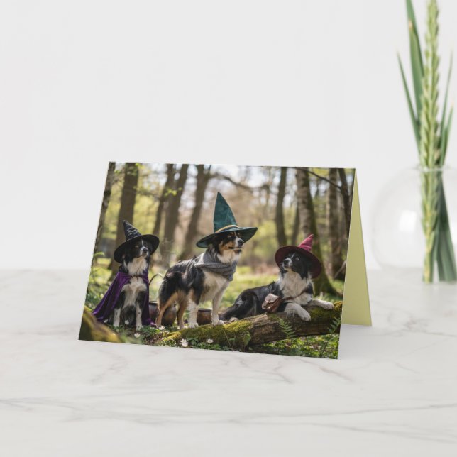 Festiva Tarjeta de Halloween de Bruja Border Collie (Anverso)