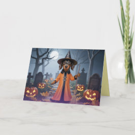 Festiva Tarjeta de Halloween de Bruja Dachshund