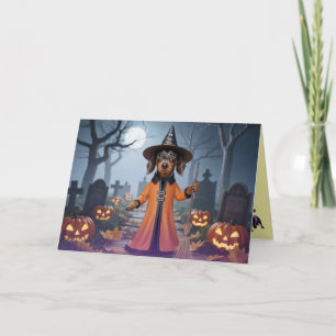 Festiva Tarjeta de Halloween de Bruja Dachshund