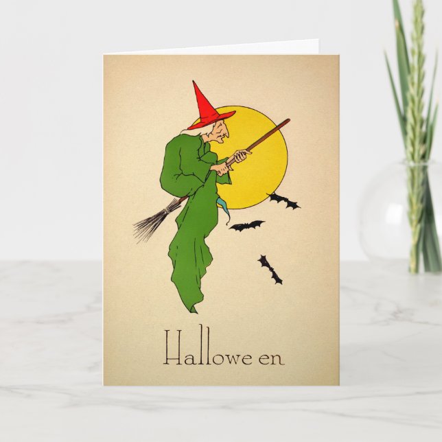 Festiva Tarjeta de Halloween de Brujas Vintage (Anverso)