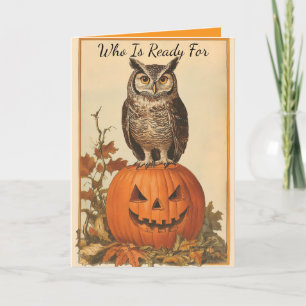Festiva Tarjeta de Halloween de búho vintage con calabaza