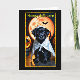 Festiva Tarjeta de Halloween de cachorro negro disfrazado