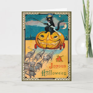 Festiva Tarjeta de Halloween de calabaza montada por gato 