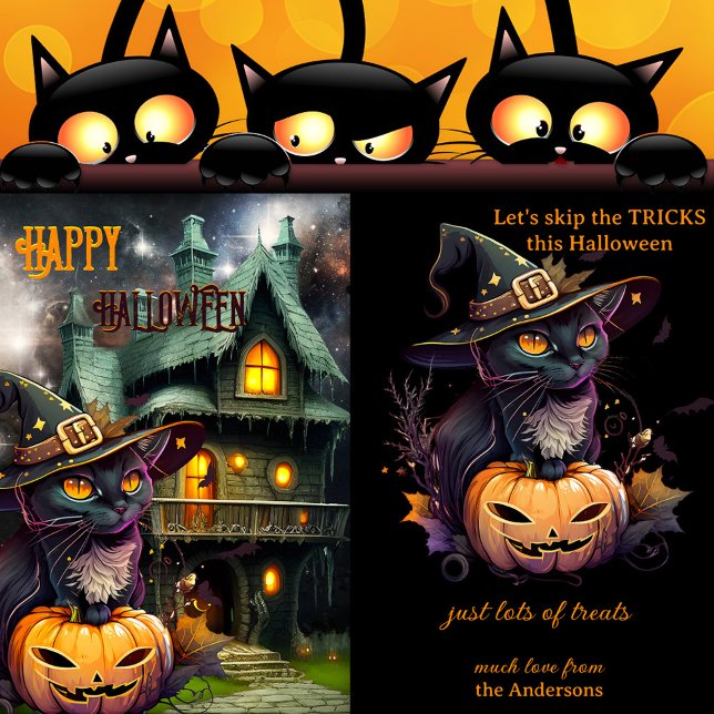 Festiva Tarjeta de Halloween de Fantasía de Gato de Calaba (Halloween card featuring a kitty wearing a witch hat, with a pumpkin and haunted house with bats)