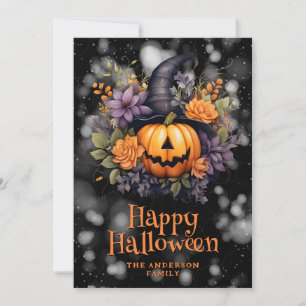 Festiva Tarjeta de Halloween feliz con flores Jack O'Lante