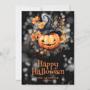 Festiva Tarjeta de Halloween feliz con flores Jack O'Lante