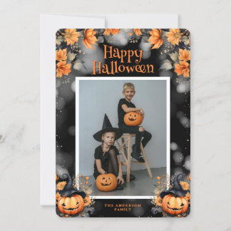 Festiva Tarjeta de Halloween floral de calabazas fotográfi