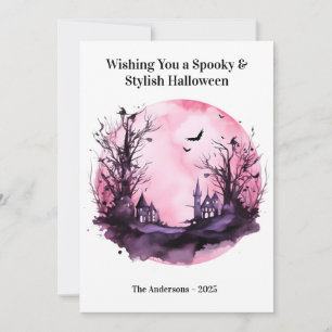 Festiva Tarjeta de Halloween rosa oscura y aterradora