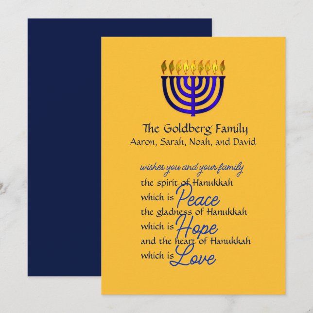 Festiva Tarjeta de Hanuká de Menorá Azul (Anverso / Reverso)