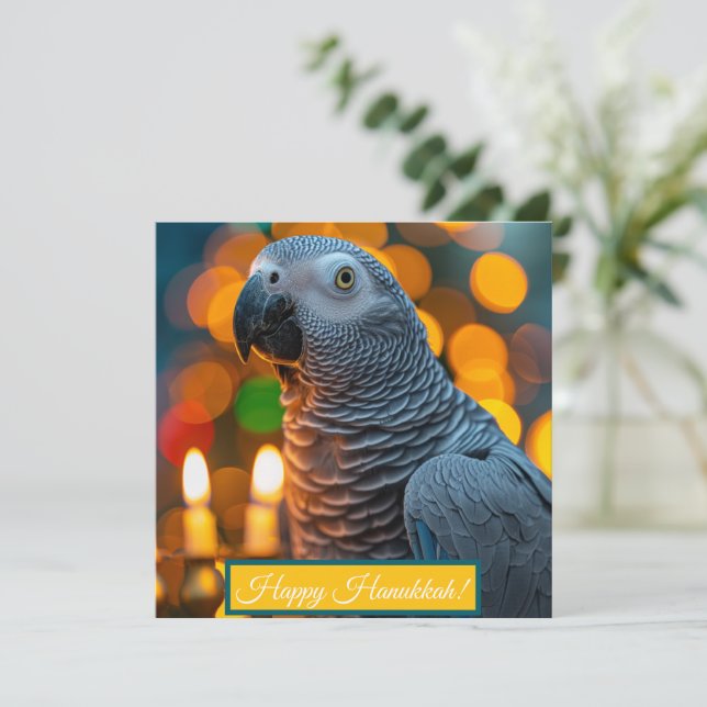 Festiva Tarjeta de Hanukkah de loro gris africano (Anverso de pie)