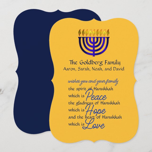 Festiva Tarjeta de Hanukkah de Menorah Azul (Anverso / Reverso)