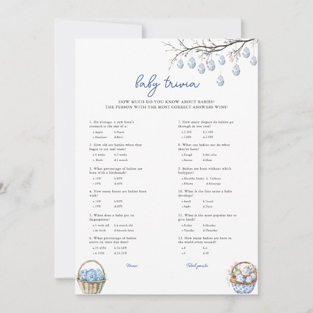 Festiva Tarjeta de juego Baby Shower Easter Baby Trivia (Anverso)