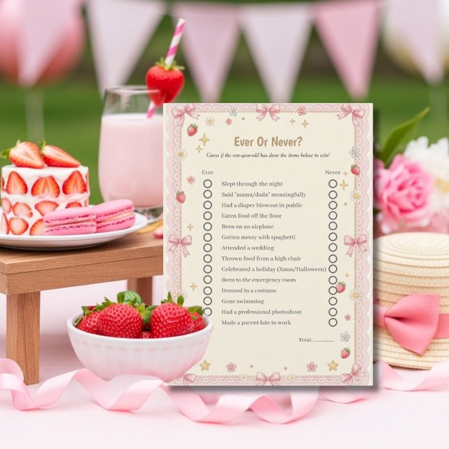 Festiva Tarjeta de juego Cumpleaños número uno de Bow ¡Sie (Bow First Birthday Ever or Never game card)