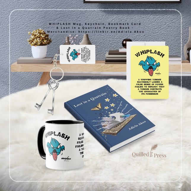 Festiva Tarjeta de marcadores WHIPLASH del poeta Adiela Ak (Whiplash Bookmark Card, Mug, Keychain & Lost in a Quatrain poetry book by Adiela Akoo. GET IT NOW!)