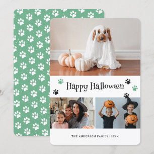 Festiva Tarjeta de Mascota retro Green Paw Print Halloween